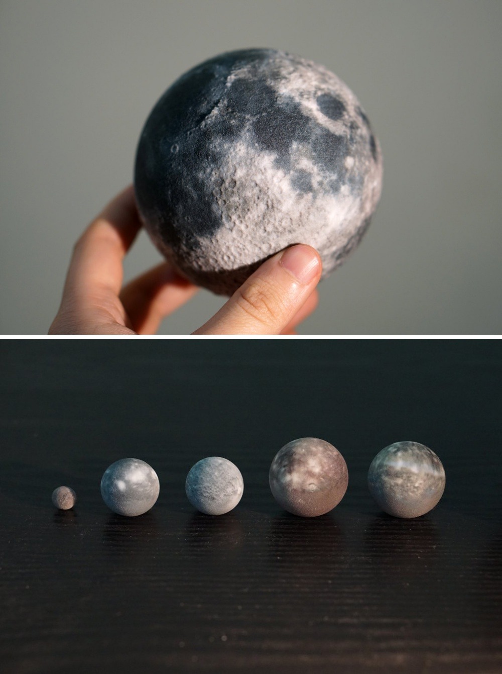 primarybufferpanel: sosuperawesome:  3D Printed Planets and Moons, made to relative