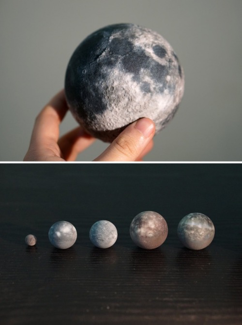 sosuperawesome:  3D Printed Planets and Moons, made to relative or true scale in 1:1.5 billion, 1:1 billion or 1:0.7 billion sizes, sold singularly, in sets, in bottles, or with surface detail relief.  By Little Planet Factory on Etsy 