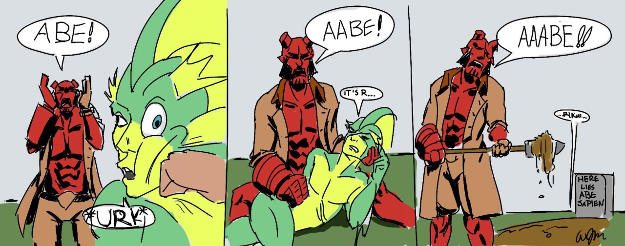 Hellboy mourns the death of Abe Sapien&hellip;kinda. Courtesy of a /co/ DrawFriend.