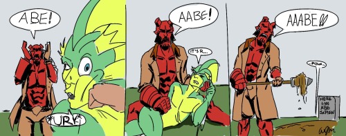 Hellboy mourns the death of Abe Sapien…kinda. Courtesy of a /co/ DrawFriend.