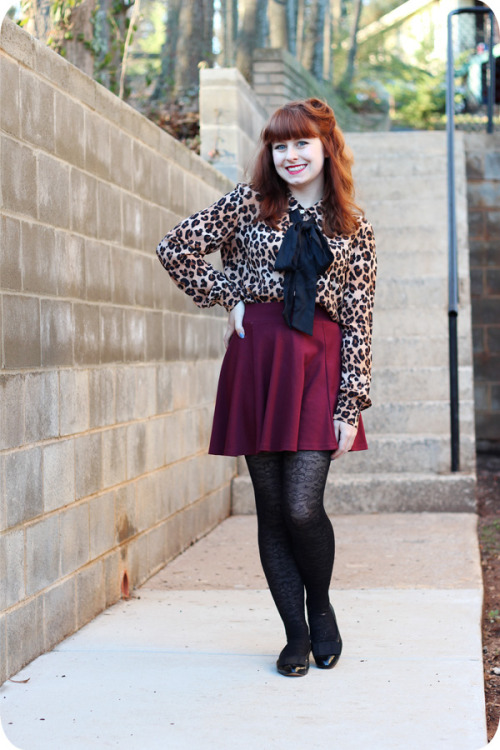 (via Petite Panoply: Leopard Print Blouse, Maroon Skater Skirt, &amp; Retro Makeup)