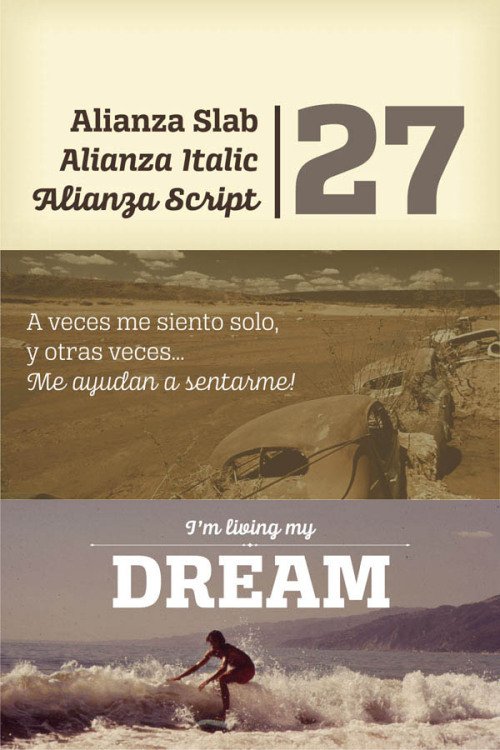 Alianza Type System Alianza is a typographic system designed in 2013 by Manuel Eduardo Corradine and Sergio Ramírez (Font Publisher: Corradine Fonts).
Buy the Alianza type system on MyFonts.com
Best fonts and more about the Alianze Font System on WE...