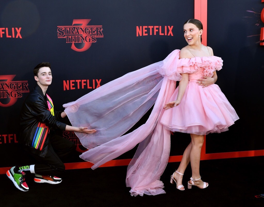 Rodarte pink dress worn by Millie Bobby Brown at the Premiere of