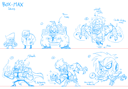 spillzndoodles:Here are some more enemy robot explorations. I tried a few different ideas for what Box-Max’s final form could be.The “Hangar” and “Priest” enemies were robot types that never made it into the final game. At the bottom are some