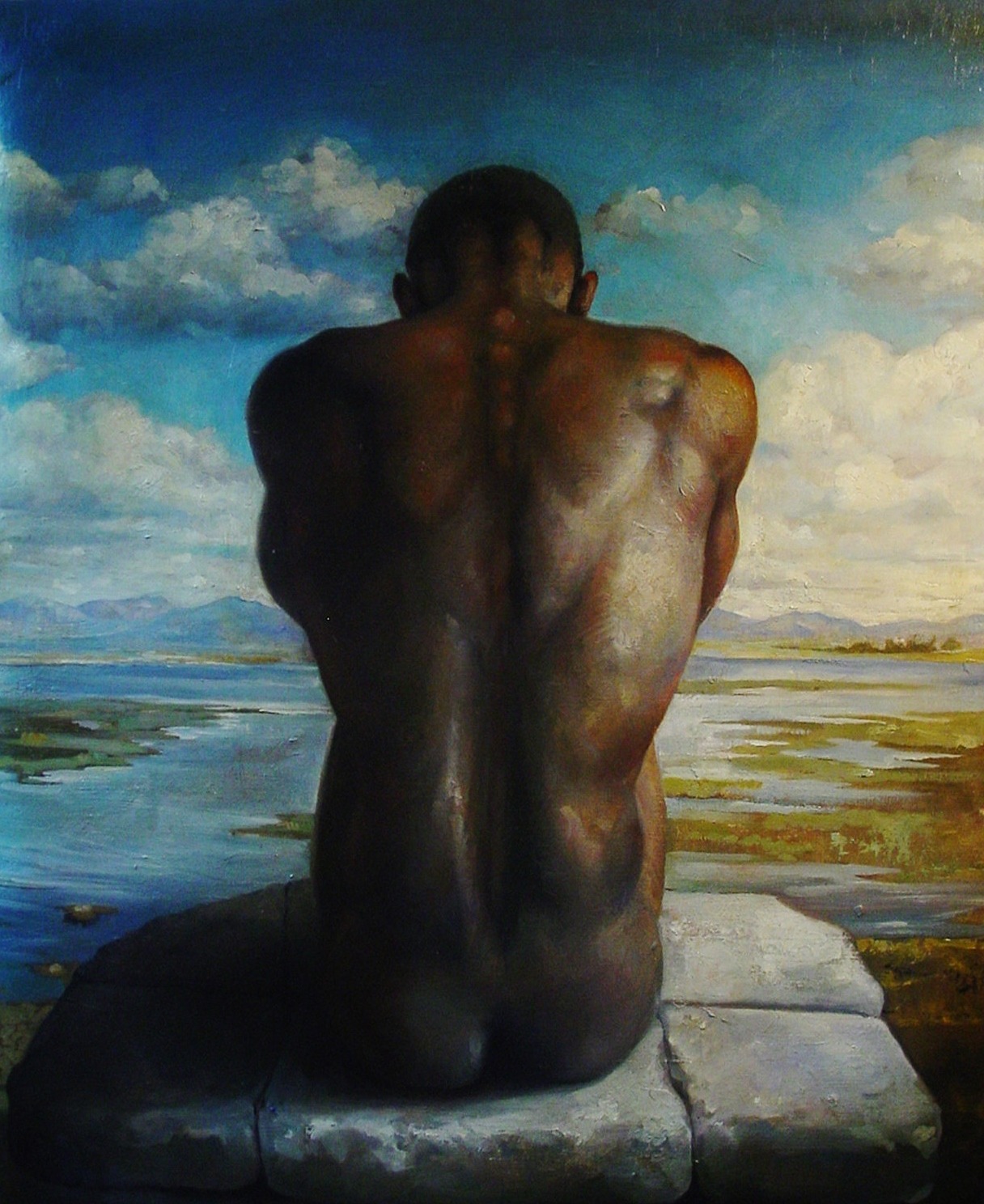 Seated Male Nude in a Landscape.   oil/canvas.   Etsy.