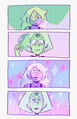 amethirstyperidrunk:  messy break from commissions. Ame seeing Peri without her visor. Peri seeing colors that aren’t green for the first time. what if she likes purple the best? 