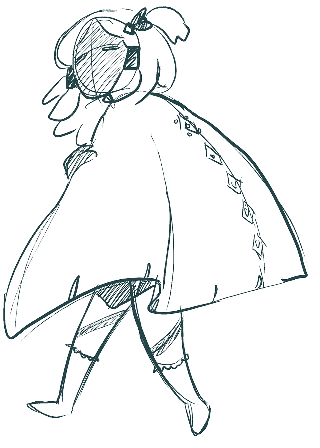 digital drawing of a sky character. the character walks to the side while holding their cape over themself