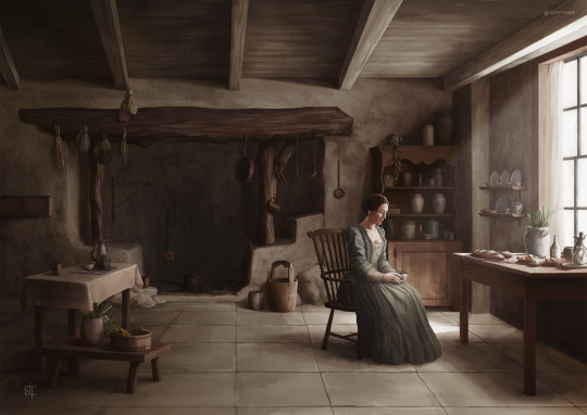 A digital painting of the interior or Miranda's house, depicting a one-point perspective view of the kitchen & unlit fireplace in the early morning. Miranda sits towards the right in a wooden chair, facing the window and holding a teacup in her lap. She wears a dull green dress and has a downturned, sombre expression. Light streams in from the window on the right, highlighting the upper half of Miranda's body. Around her, the house is empty except for the furniture and household objects. The ceiling is timber, with exposed beams. The walls are a rough beige plaster. Large squares of stone tiles line the floor. The left wall is unseen beyond the edge of the painting. Along the back wall, there is a large cooking fireplace with various tools, pans and dried plants hanging from the mantel. A fireplace crane holds a kettle on a hanger, with a stack of pots and plans sitting below. In front of the fireplace on the ground is a jar and wooden pail. To the right is an open display cabinet with various ceramic vessels, jars and containers. On the right wall are two shelves displaying porcelain plates and cups, and a table below the window with jugs, bottles and plates of fruit and bread. To the left and behind Miranda are two small tables, the taller is covered by a table cloth with a teapot and tea cup on a tray, a pewter jug and mug. The lower and smaller bench has a container of harvested greens and a wooden bucket of carrots. There is an overall feeling of stillness and loneliness.