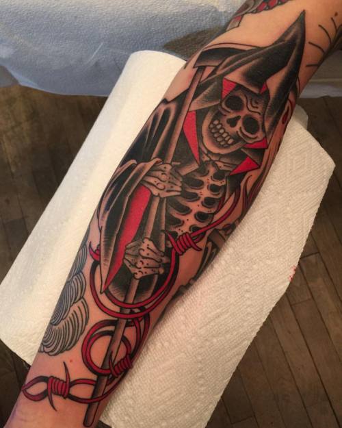 kingsavetattoo: One shot pole-vaulting #Reaper by #GREZ done yesterday at #kingsavetattoo #bowery #s