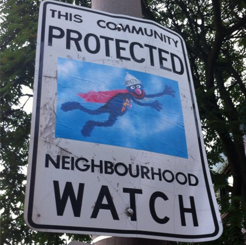 tastefullyoffensive:  Since 2012 Canadian artist Andrew Lamb has been adding pop culture characters to Neighborhood Watch Signs around Toronto. 