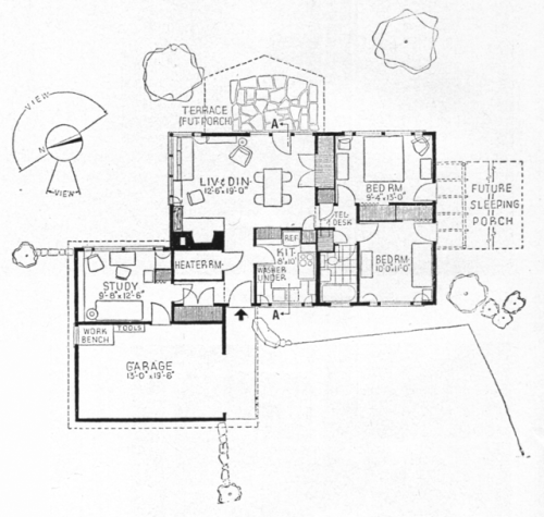 vintagehomeplans:United States, 1946: House at New Haven, Conn.A compact, modern two-bedroom ranch h