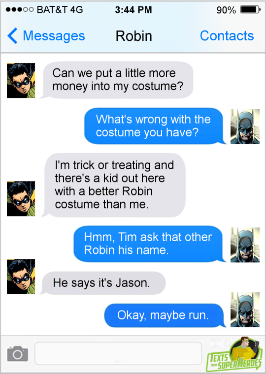 textsfromsuperheroes:  The Best of Halloween on Texts From Superheroes                                  The Joker Luthor one is my favorite.