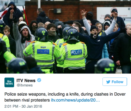 micdotcom:  Gut-wrenching photos show the violent clash between Neo-Nazis and pro-refugee protesters On Saturday, a group of fascist nationalists were waiting for anti-fascist protesters at a service station in Maidstone, United Kingdom. The neo-Nazi