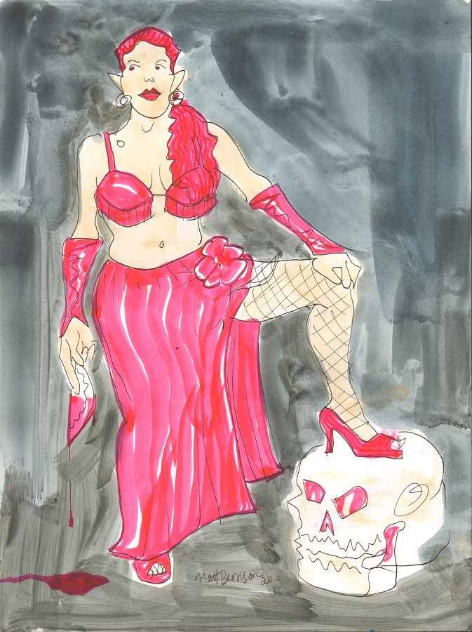 Drawings of Lilly Bordeaux done at Dr. Sketchy&rsquo;s Boston. Ink and watercolor