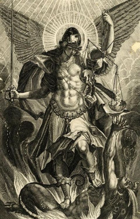 ultrawolvesunderthefullmoon:  Raphael Sadeler II , “Saint Michael the Archangel”, Engraving, 1604The Sadeler family were  the largest, and probably the most successful of the dynasties of Flemish engravers that were dominant in Northern European
