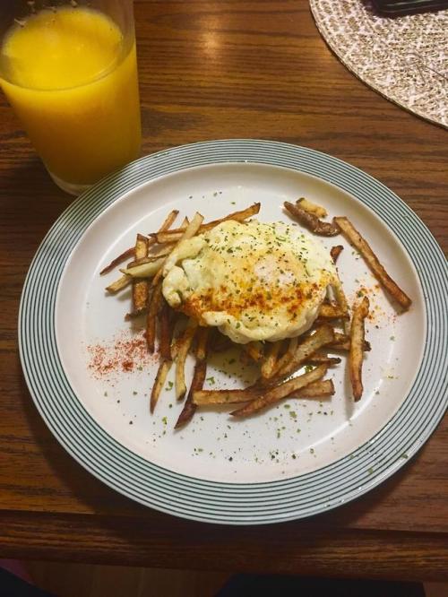 [homemade] cast iron fries with a deep fried egg.