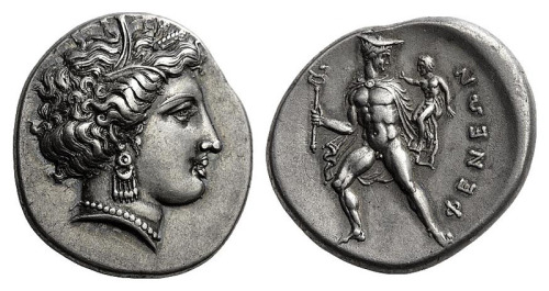 lionofchaeronea:Stater of the Arcadian polis of Pheneus. On the obverse, Demeter, wearing a grain wreath; on the reverse, Hermes with the infant Arcas. Artist unknown; ca.360-350 BCE. Photo credit: Classical Numismatic Group, Inc. http://www.cngcoins.com