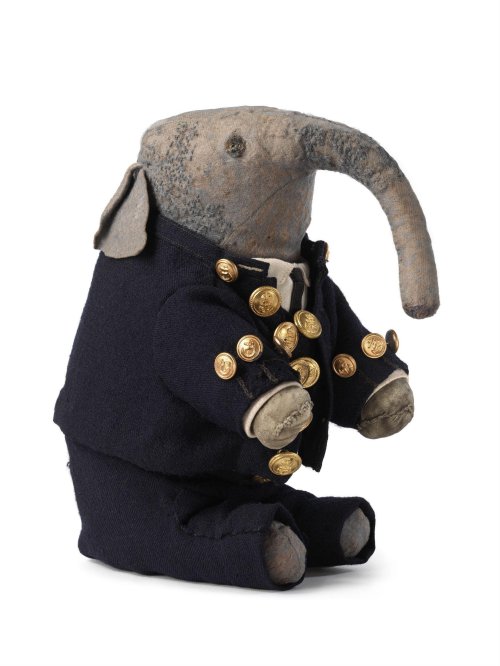 ponderorb: ‘Pumpie' Elephant soft toy made of grey felt, dressed as a sailor in a smart, dark blue, 