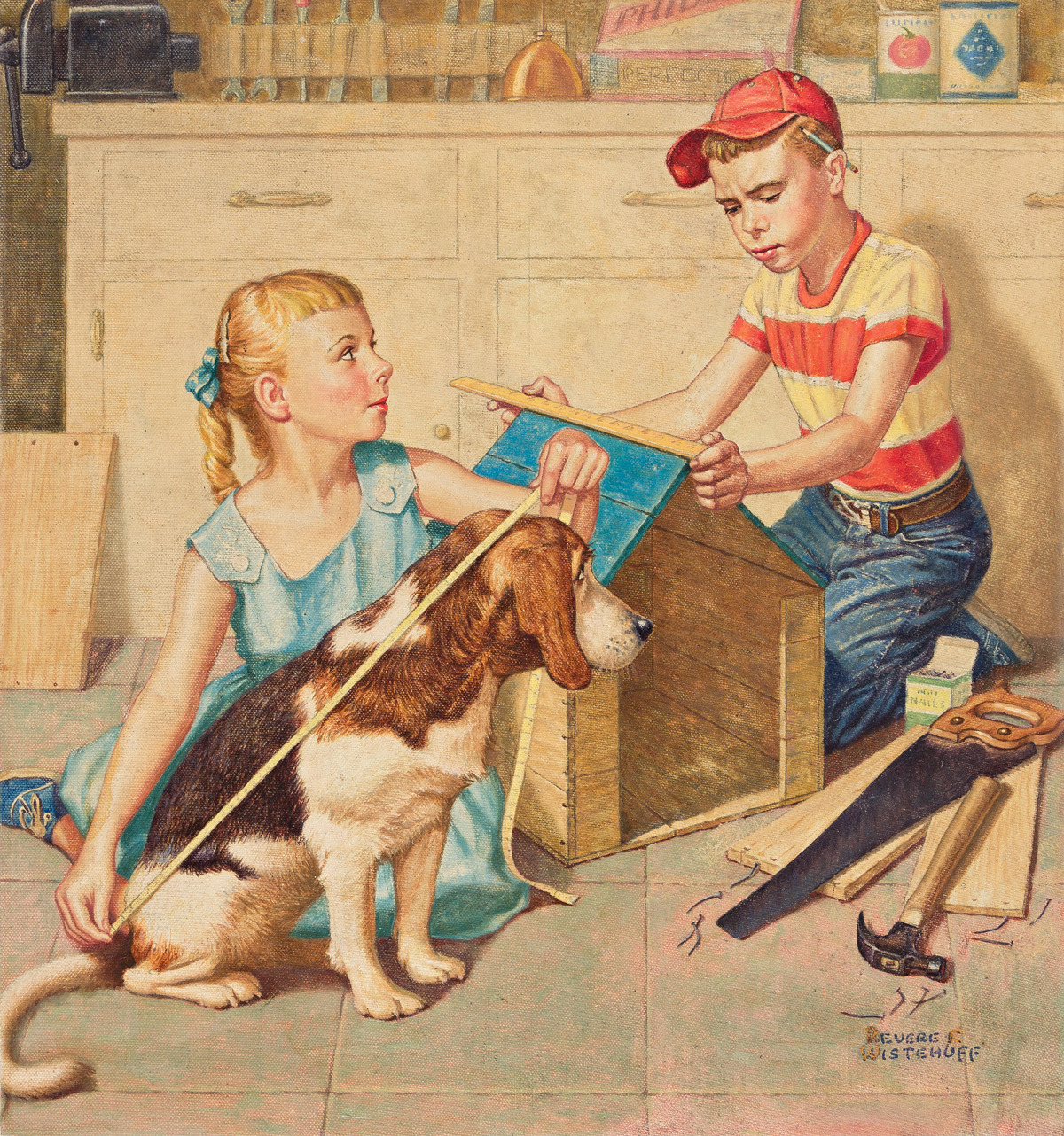 Measuring the Doghouse. Revere H. Wistehuff (1900-1971).  Oil on canvas board. Proposed magazine cover.