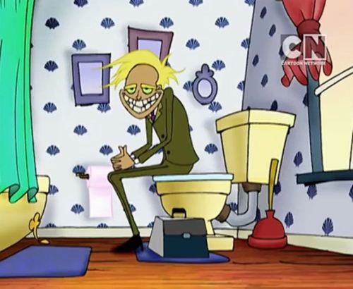 A skinny man with blonde hair is sitting on a closed toilet in an old but well-kept bathroom. He has a wide, disturbing smile with crooked teeth and the whites of his eyes are bright green. He is wearing a green suit and beside him on the ground is a white and blue briefcase.