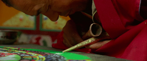 elaichi-cha:  psychronic:  chalkandwater:  Sand mandala at Thikse Monastery, Ladakh, India. Samsara (2011)  Imagine sighing after finishing a detail and it blows out everything you’ve done  That’s basically what these monks do actually. They create