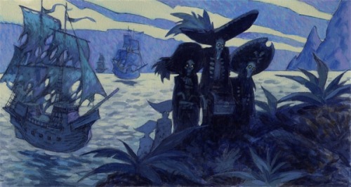 talesfromweirdland:Concept art for the unproduced The Curse of Monkey Island movie. Art by Steve Pur