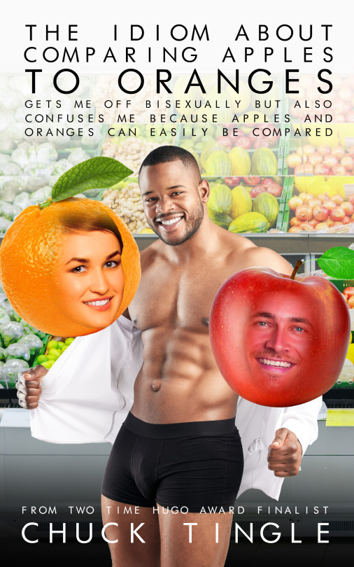 smiling buckaroo at a grocery store with attractive sentient orange on one side and attractive sentient apple on the other. he is very handsome and is taking off his shirt and there is colorful produce behind them and everyone is good buds with each other