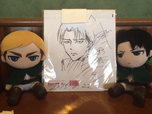 Various sketches of Levi, Armin, and Eren by Asano Kyoji (Both on display + via his fan autograph session) and the Shingeki no Kyojin chief animation director himself, as seen today via his new exhibition in Koga, Japan!Sources: 1, 2, 3, 4, 5, 6, 7, 8,