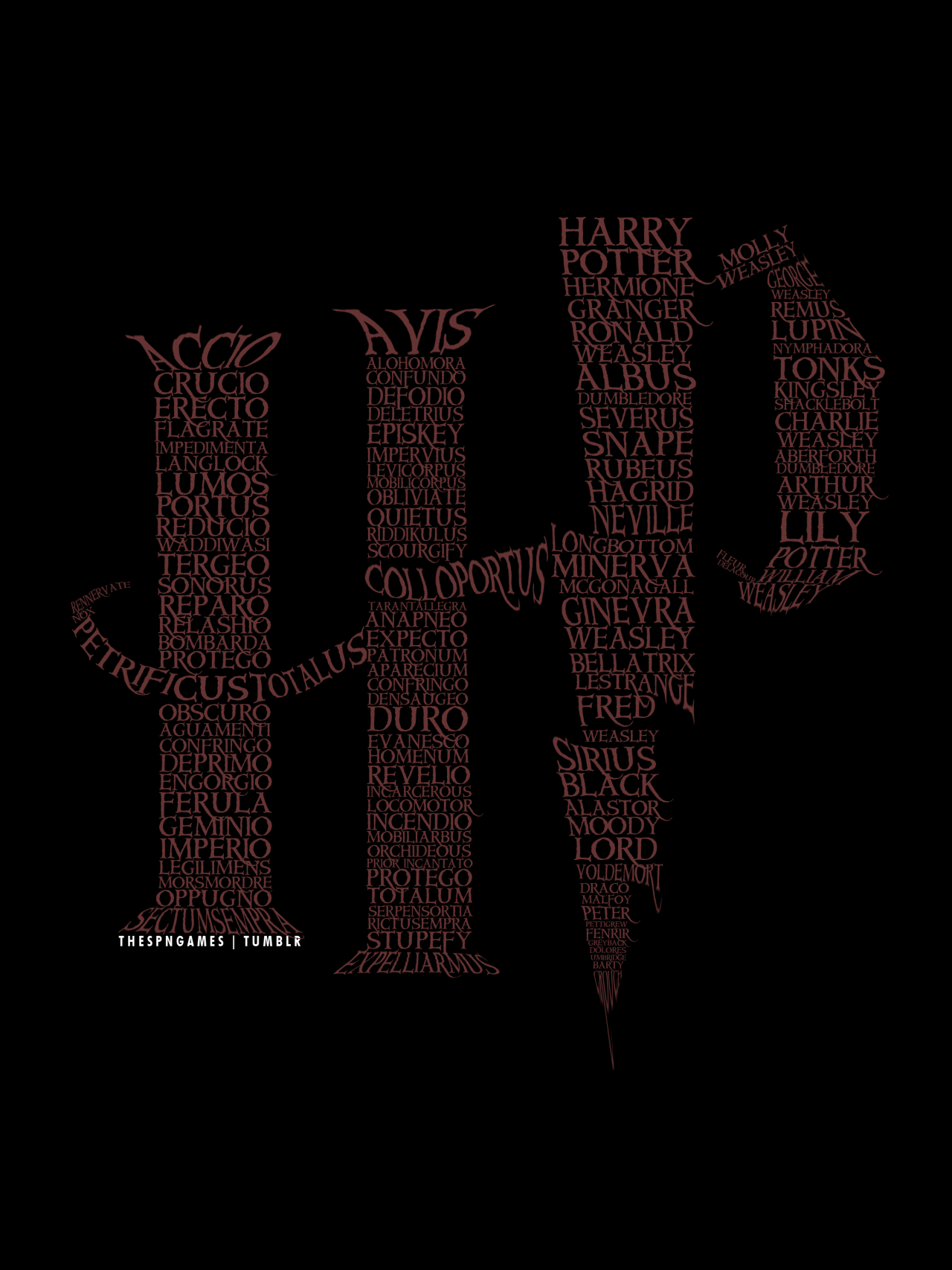 thespngames:  Harry Potter spells and characters into the HP logo.   Prints and