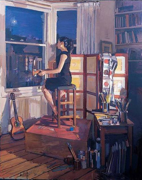 Night Studio: Celia with Guitar    -    Luke MartineauBritish b.1970-oil on canvas, 50 x 40 ins (127