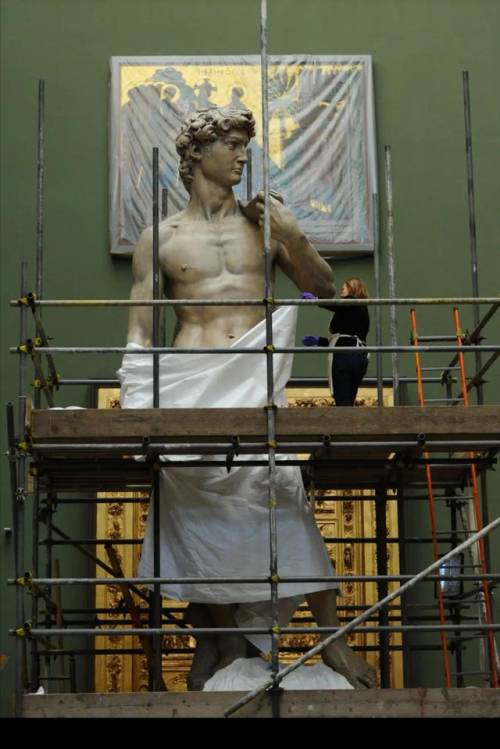 Maintenance On Michelangelo’s David Highlights How Large The Sculpture Is Compared With A Person.*