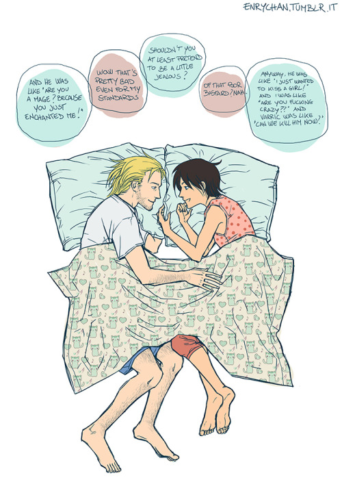 enrychan:I think a lot about Hawke and Anders cuddling on the bed and telling each other how their d