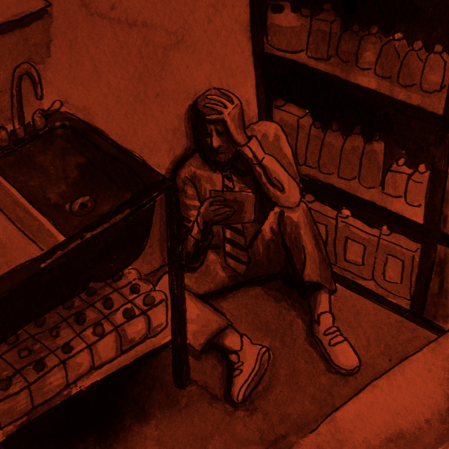 An ink drawing of a scene from One Hour Photo. It features a man slumped in the corner of a film development room. He is clutching a photo in his hand.