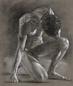 splendidgeryon:“Afterward”, 2012, by Philip Gladstone; charcoal and India ink with white chalk and white gouache on grey Canson brand drawing paper, 13-¾ by 16-½ inches (Sold, private collection)