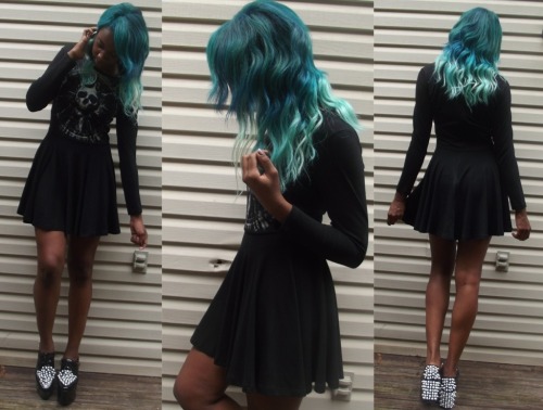 Cute black pastel goth girl with green hair