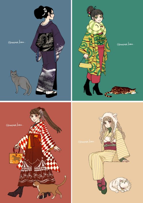 Jūnishi (Chinese zodiac) kimono outfits featuring matching cats, by Masaya Kana (I LOVE the outfit p