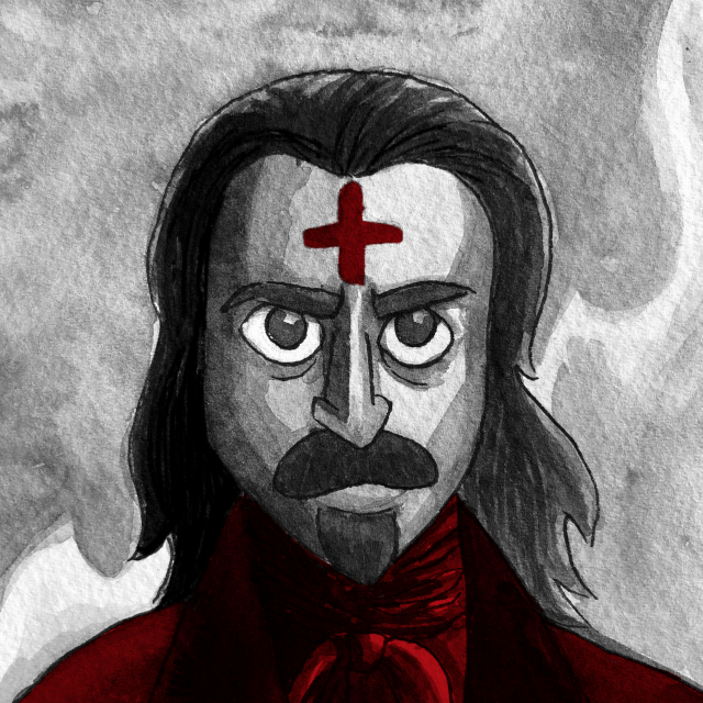 An ink drawing of a scene from Ravenous. It features a man with a bloody cross drawn on his forehead standing in front of a fire.