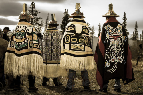 Tlingit people chiefs at the Dakl’ aweidi HÍt (clan house) raising ceremony 3 from the Raven moiety,