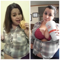 softlyattractive:  pumpui-fatty:  bigcutierey:  less than a year apart- impossible to button the top now! I can’t wait until i cant button it at all! :D  Make sure you do keep the shirt. I wish I kept some of my shirts from when I started gaining. But