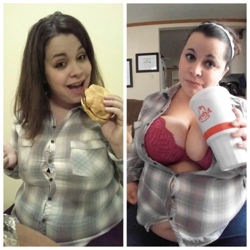 softlyattractive:  pumpui-fatty:  bigcutierey:  less than a year apart- impossible to button the top now! I can’t wait until i cant button it at all! :D  Make sure you do keep the shirt. I wish I kept some of my shirts from when I started gaining. But