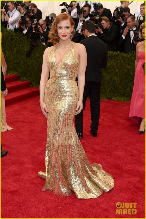 Dakota Johnson (in Chanel), Jessica Chastain (in Givenchy), Jennifer Lawrence (in Dior) at MET Costu