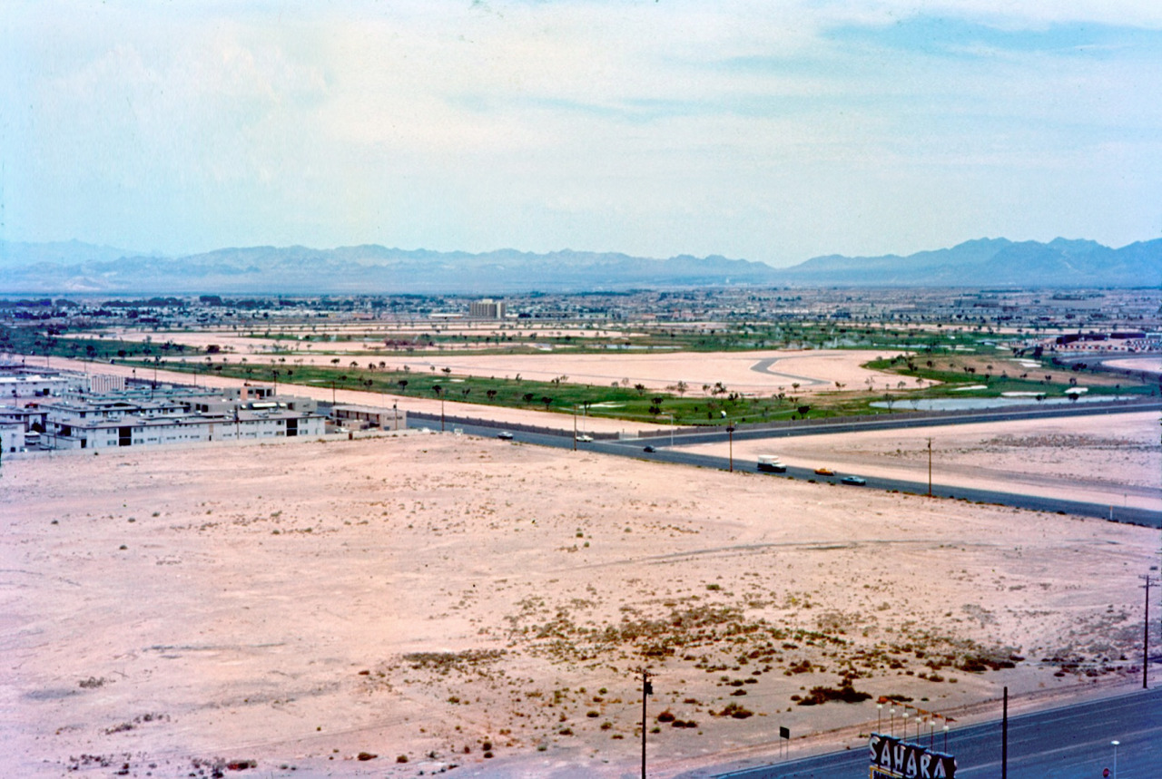 View southeast from the Sahara c. 1968
Paradise Rd in the foreground. The International Country Club at Karen Ave & Joe Brown Dr, center. Greystone Park Apts, left.
International Country Club - aka Las Vegas Country Club - opened Oct. ‘67 on the site...