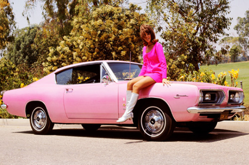 vintagegal:  Every year since 1964 Playboy has given a car (or another form of transport) to its Playmate of the Year.  For a little over a decade the cars were always pink. Donna Michelle in 1964: Ford MustangJo Collins in 1965: Sunbeam TigerAllison