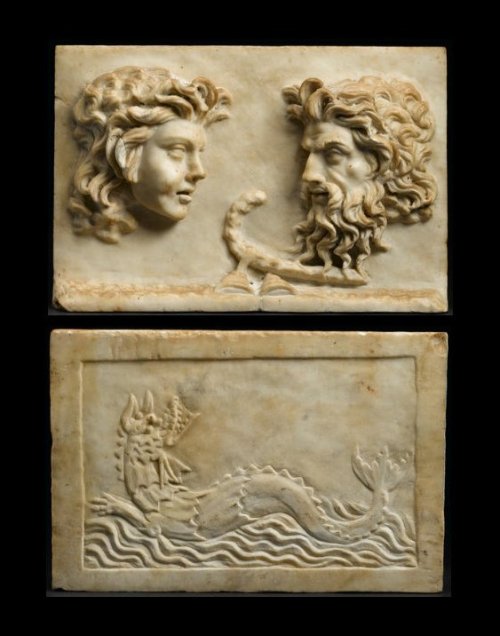 archaicwonder:Roman Marble Double Revolving Panel of Dionysos and Satyr with a  Ketos (sea monster),