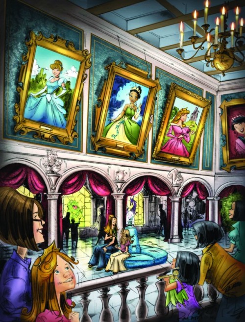 alwaysdisneybound:doormousewhispers:Concept Art for Princess Fairytale Hall. Photos from oldest to n