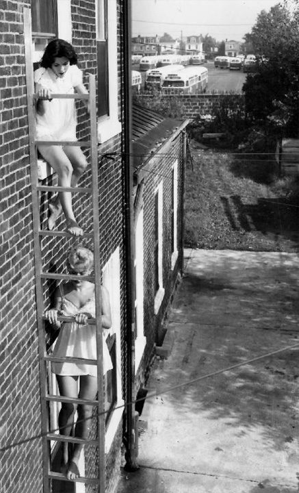 forties-fifties-sixties-love:Fire escape demonstration, 1959