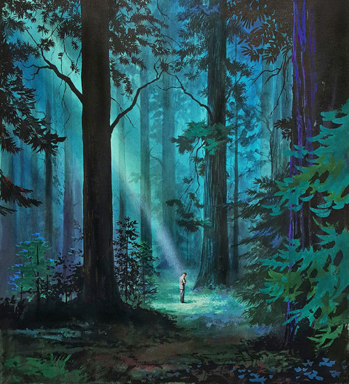A ray of light in the forest   -   Hector Garrido,  c.1970-79 .Argentinian,   Acrylic on board , 15.