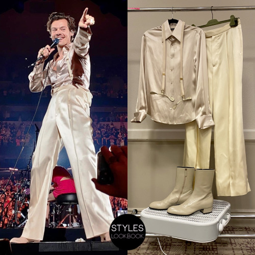 For his Love On Tour show in Dallas, Harry wore a custom Gucci look featuring a cream silk shirt, sa