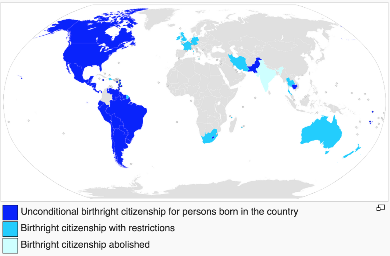 Countries that practice Jus Soli (birthright citizenship).