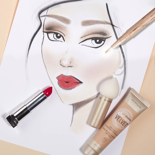 maybelline:
“ A simple, yet glamorous look created with Dream Velvet hydrating foundation for a flawless face, Dream Lumi concealer to highlight, and Creamy Matte lipstick in ‘siren in scarlet’ for a bold, pop of color.
”